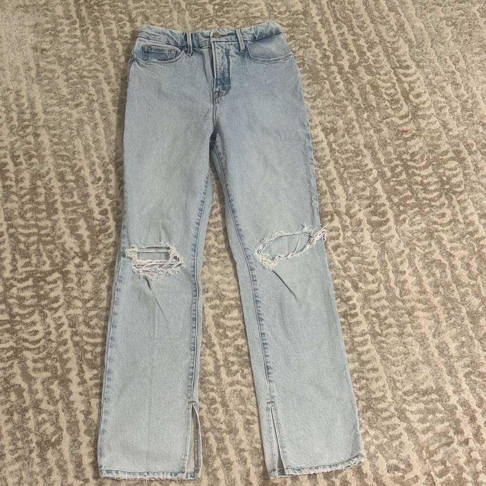 Good American Sky Blue Distressed Straight Leg Jeans